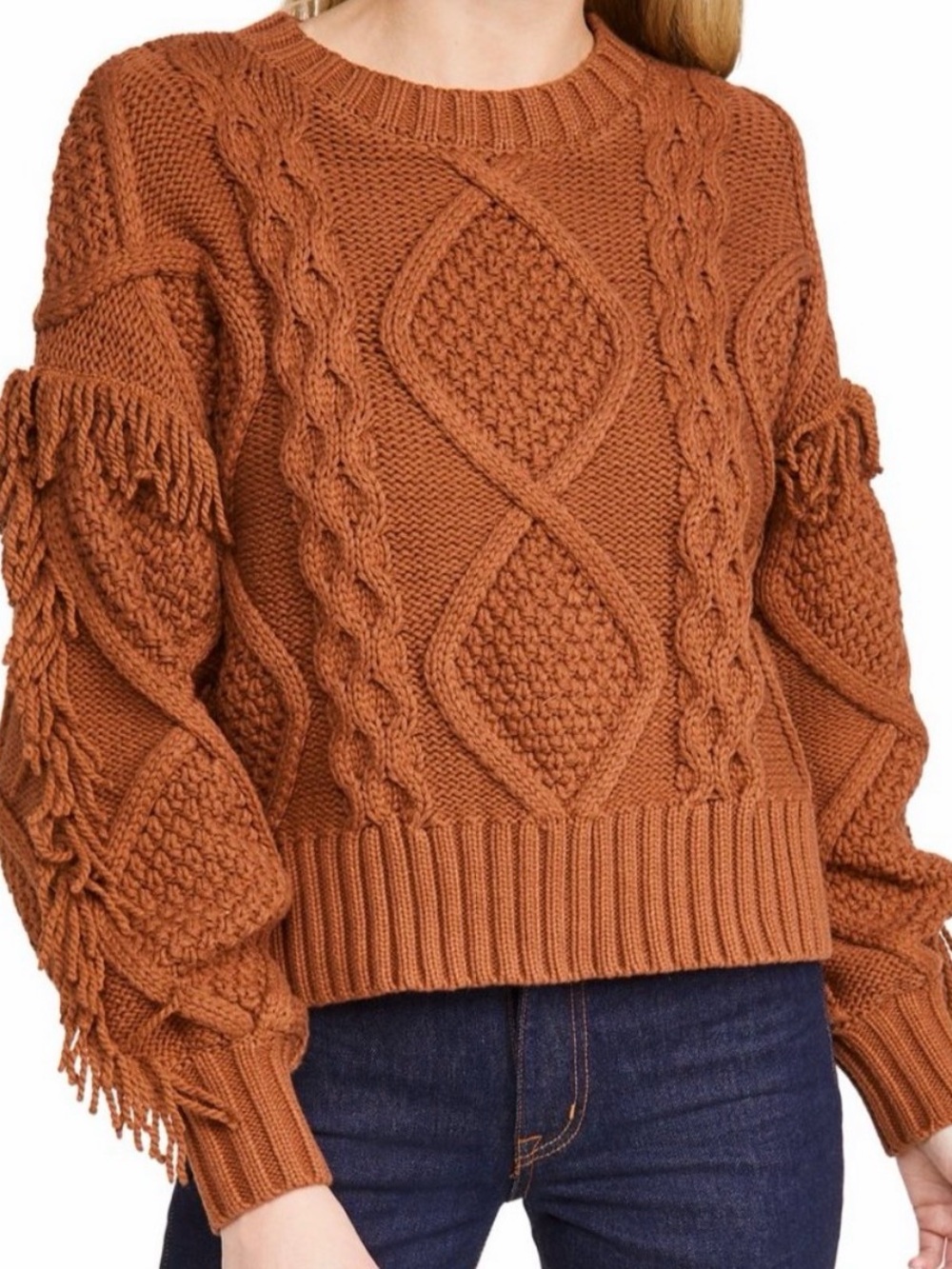 Line & Dot Cable-Knit Fringe Sweater - Rust Orange